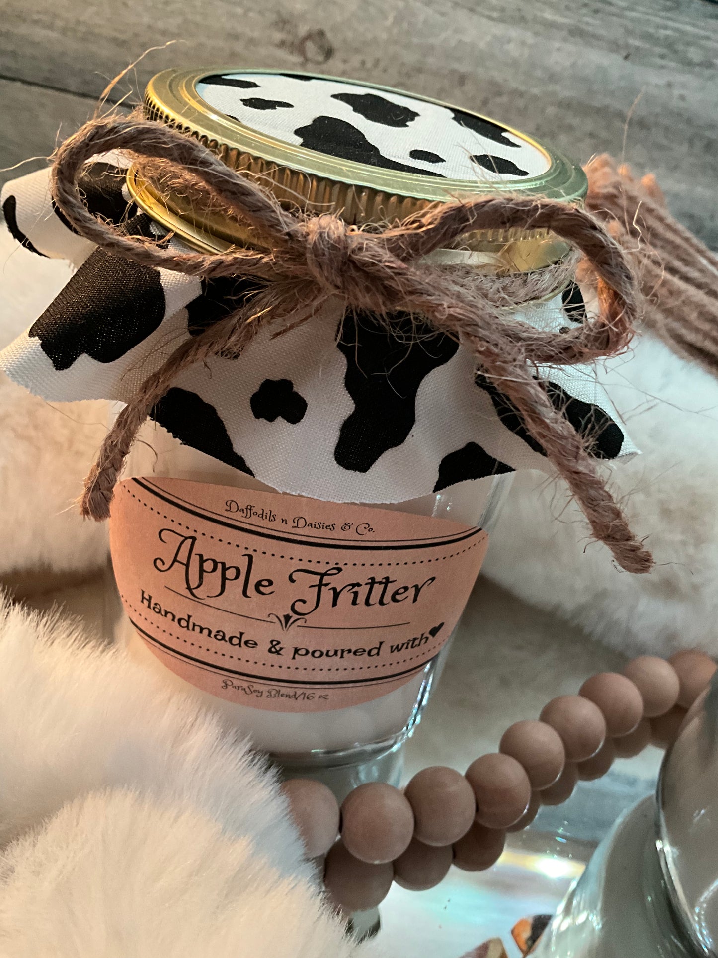 16 oz Rustic Radiance ParaSoy blend wax candle (black & white cow print) Apple Fritter