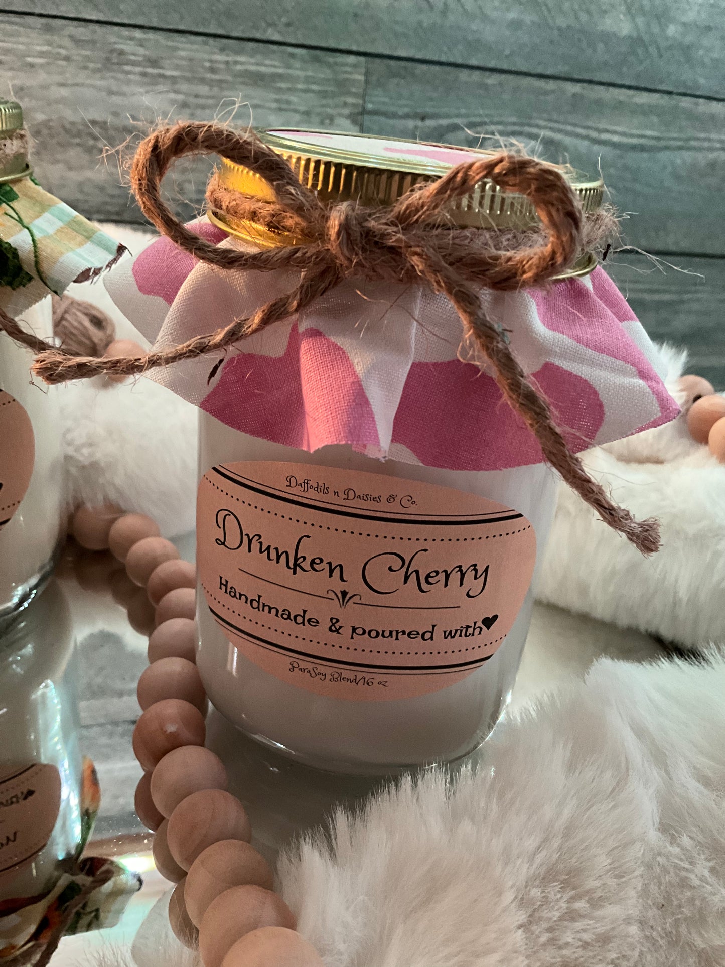 16 oz Rustic Radiance ParaSoy blend wax candle (Pink & White cow print)Drunken Cherry