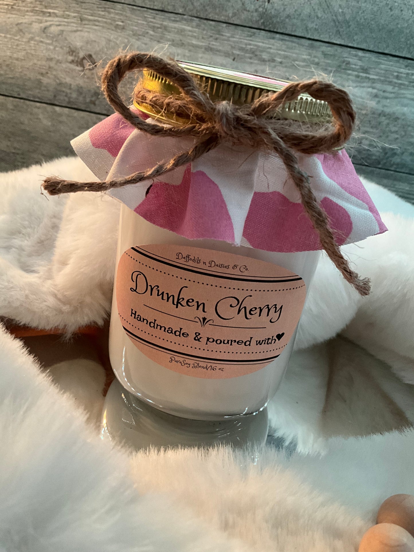 16 oz Rustic Radiance ParaSoy blend wax candle (Pink & White cow print)Drunken Cherry