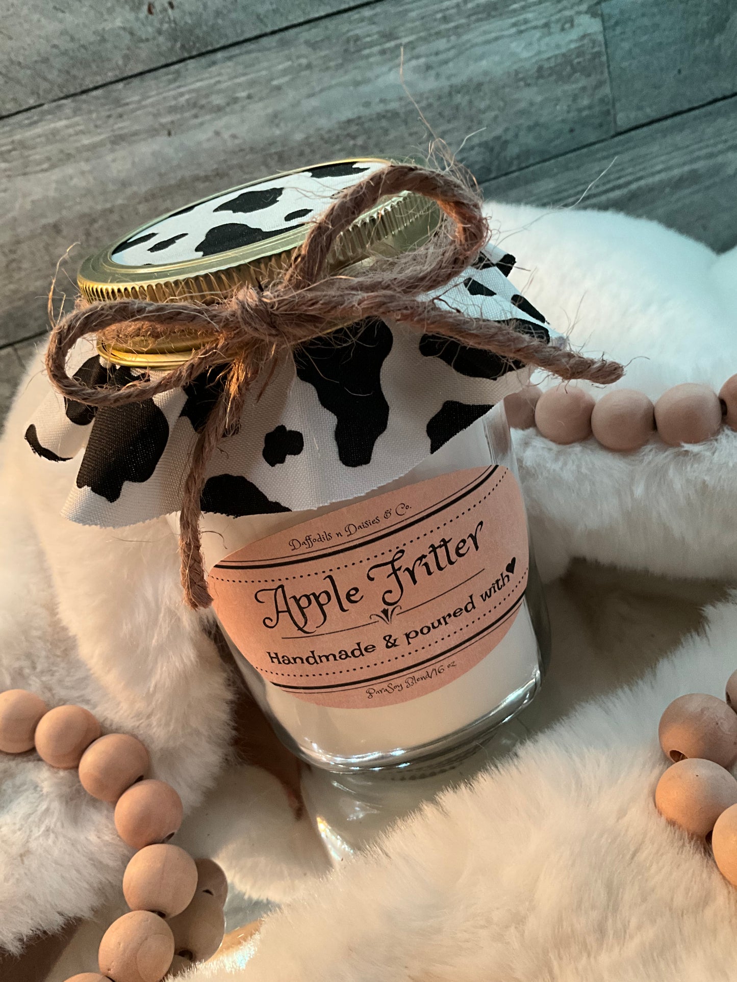 16 oz Rustic Radiance ParaSoy blend wax candle (black & white cow print) Apple Fritter