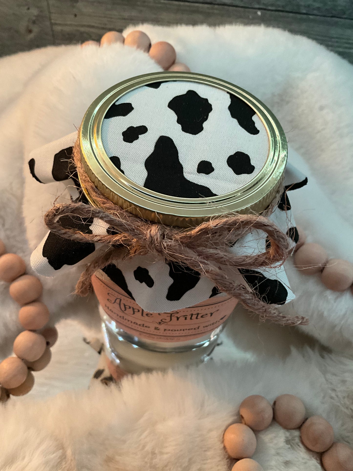 16 oz Rustic Radiance ParaSoy blend wax candle (black & white cow print) Apple Fritter