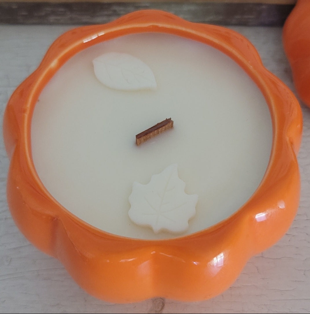 8 oz Small Ceramic Pumpkin Wood Wick Candle